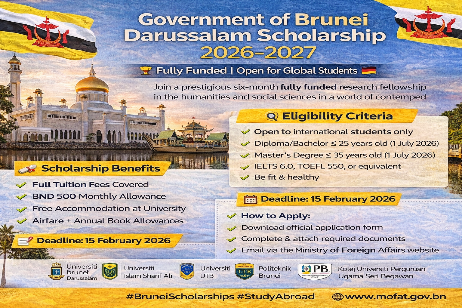 Government of Brunei Darussalam Scholarship 2026 (Fully Funded) – Fully Funded Scholarship in Brunei Darussalam 🇧🇳 